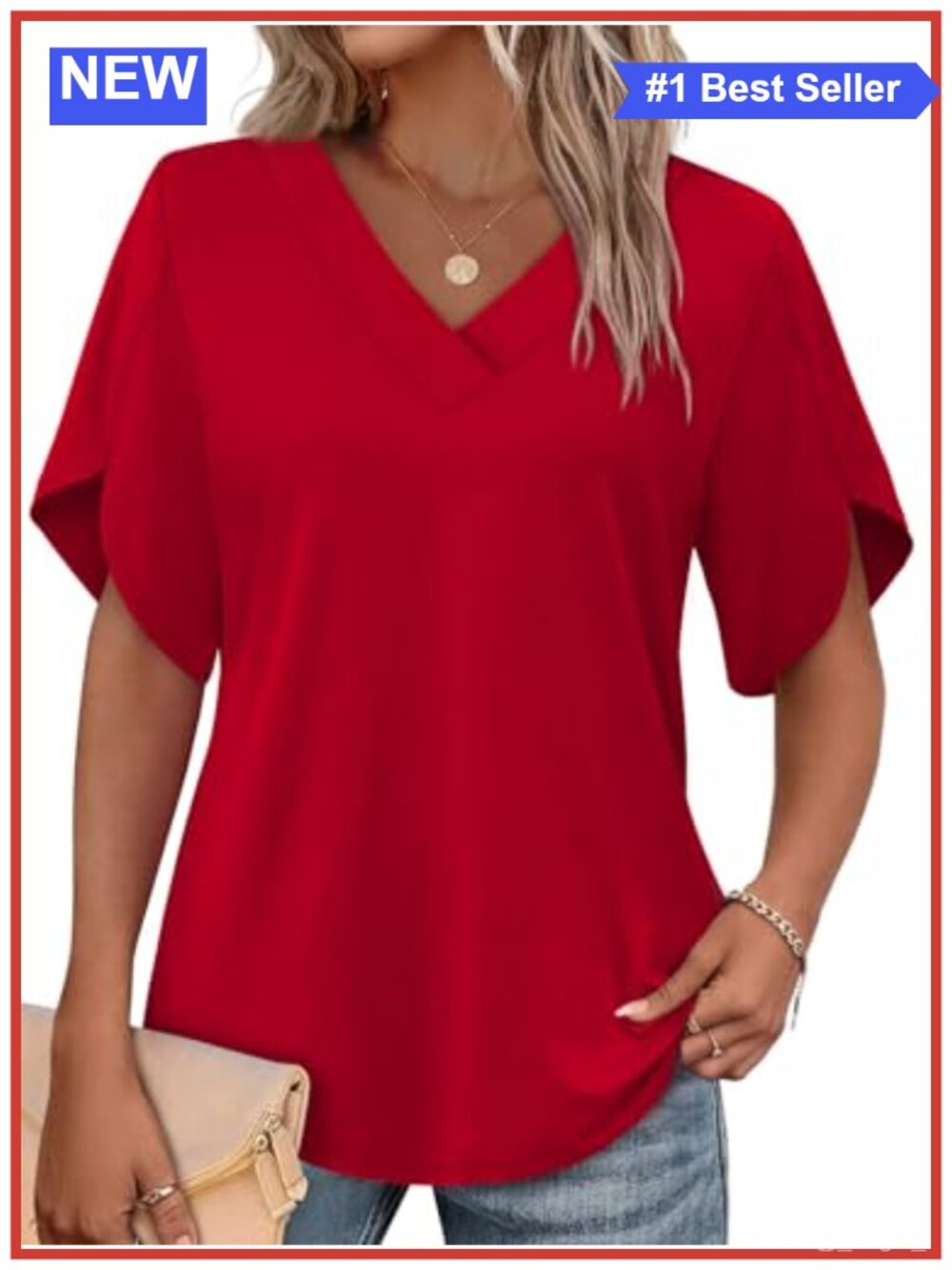 Women's V-Neck Short Sleeve Petal Sleeve Blouse Lightweight Stretchable Pull On